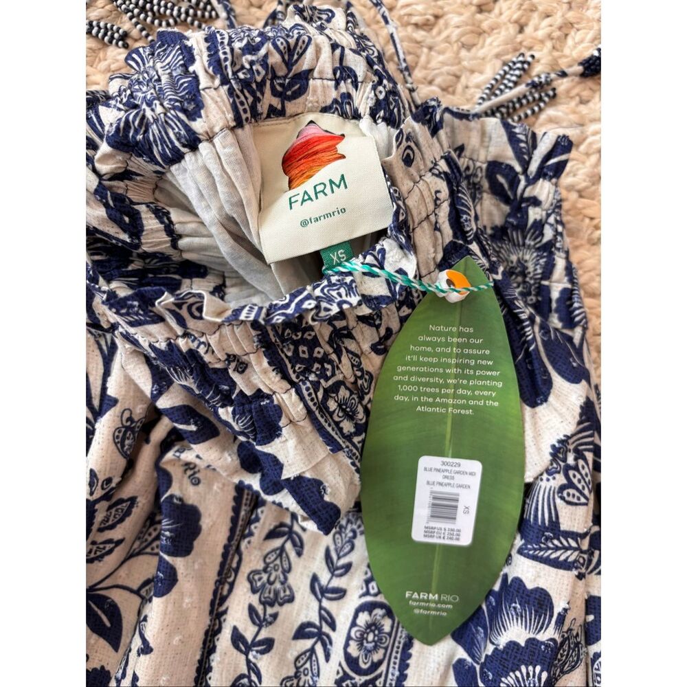 Farm Rio Blue Pineapple Garden Smocked Strap Midi Dress NWT XS $230 coastal smoc - Picture 4 of 8